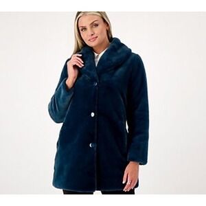 Dennis‎ Basso Plus Size Coat Relaxed Fit Fur Shawl Collar Rich Teal Blue 2X